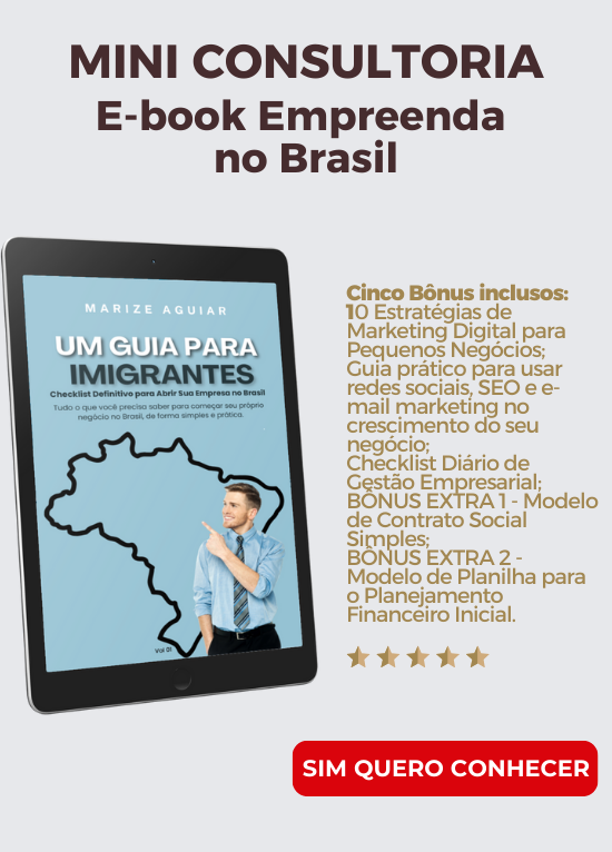 A Mini Consultoria Empreenda no Brasil - Um Guia Prático Para Imigrantes, é uma mini consultoria completa em formato e-book, que tem como objetivo, economizar tempo e dinheiro para todos que estão começando a empreender e que precisam implementar seus conhecimentos. Cinco Bônus inclusos: 10 Estratégias de Marketing Digital para Pequenos Negócios; Guia prático para usar redes sociais, SEO e e-mail marketing no crescimento do seu negócio; Checklist Diário de Gestão Empresarial; BÔNUS EXTRA 1 - Modelo de Contrato Social Simples; BÔNUS EXTRA 2 - Modelo de Planilha para o Planejamento Financeiro Inicial.